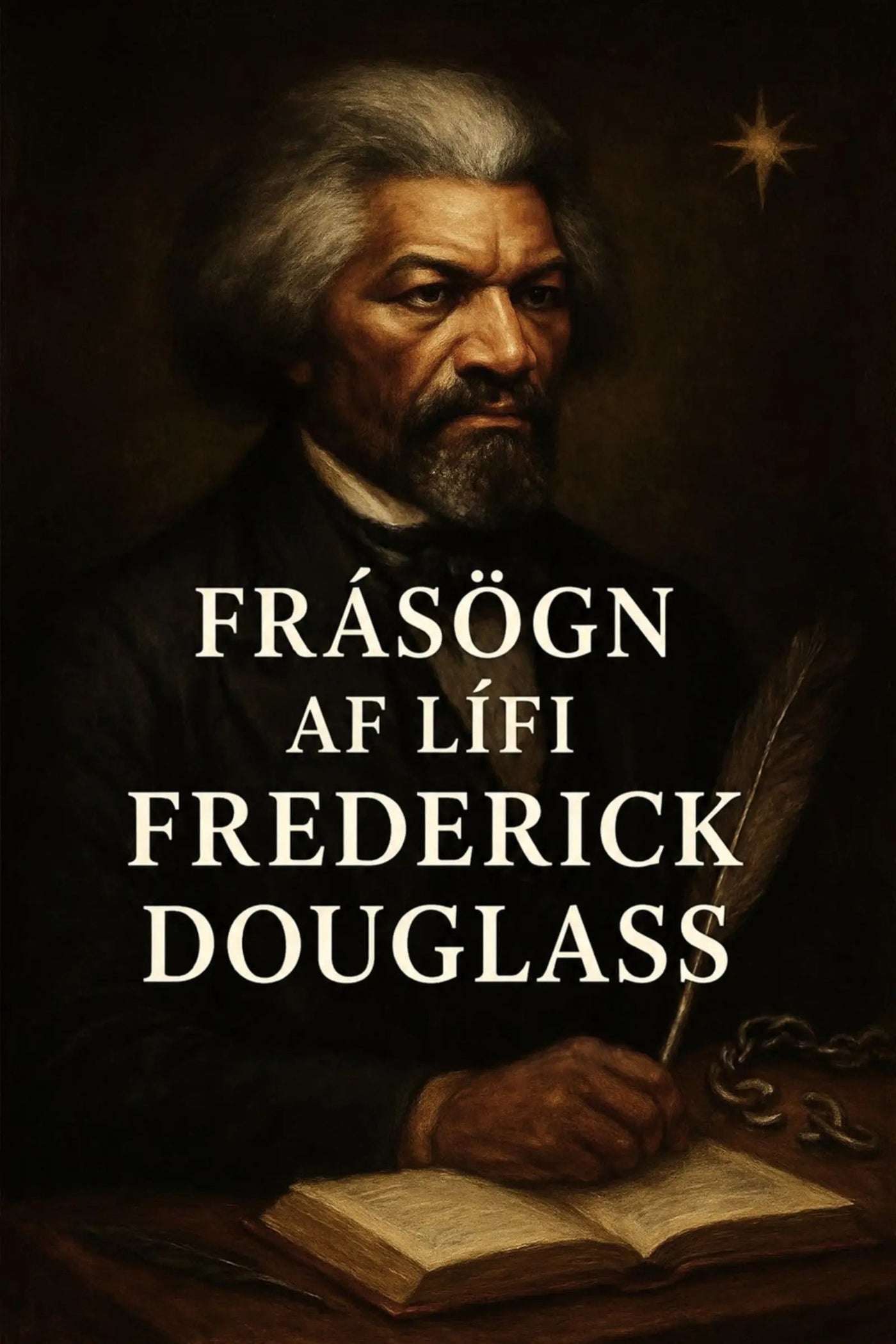 A dark, painterly portrait of Frederick Douglass with large white title reading 'Frásögn af lífi Frederick Douglass'