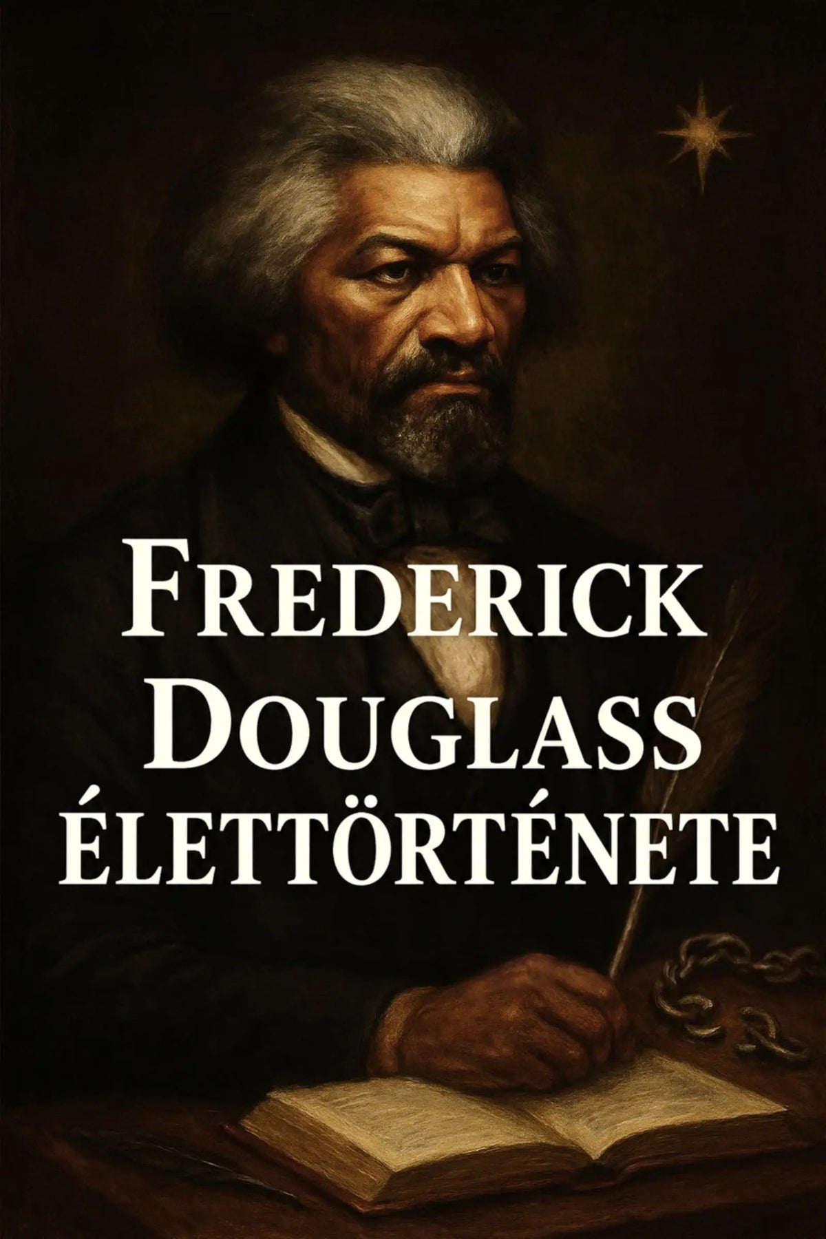 Book cover for 'Frederick Douglass élettörténete' featuring a dark portrait painting of Frederick Douglass with white serif text overlaid across the center.