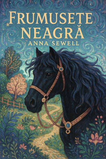 Book cover of 'Frumusețe neagră' by Anna Sewell featuring a black horse in a decorative setting.