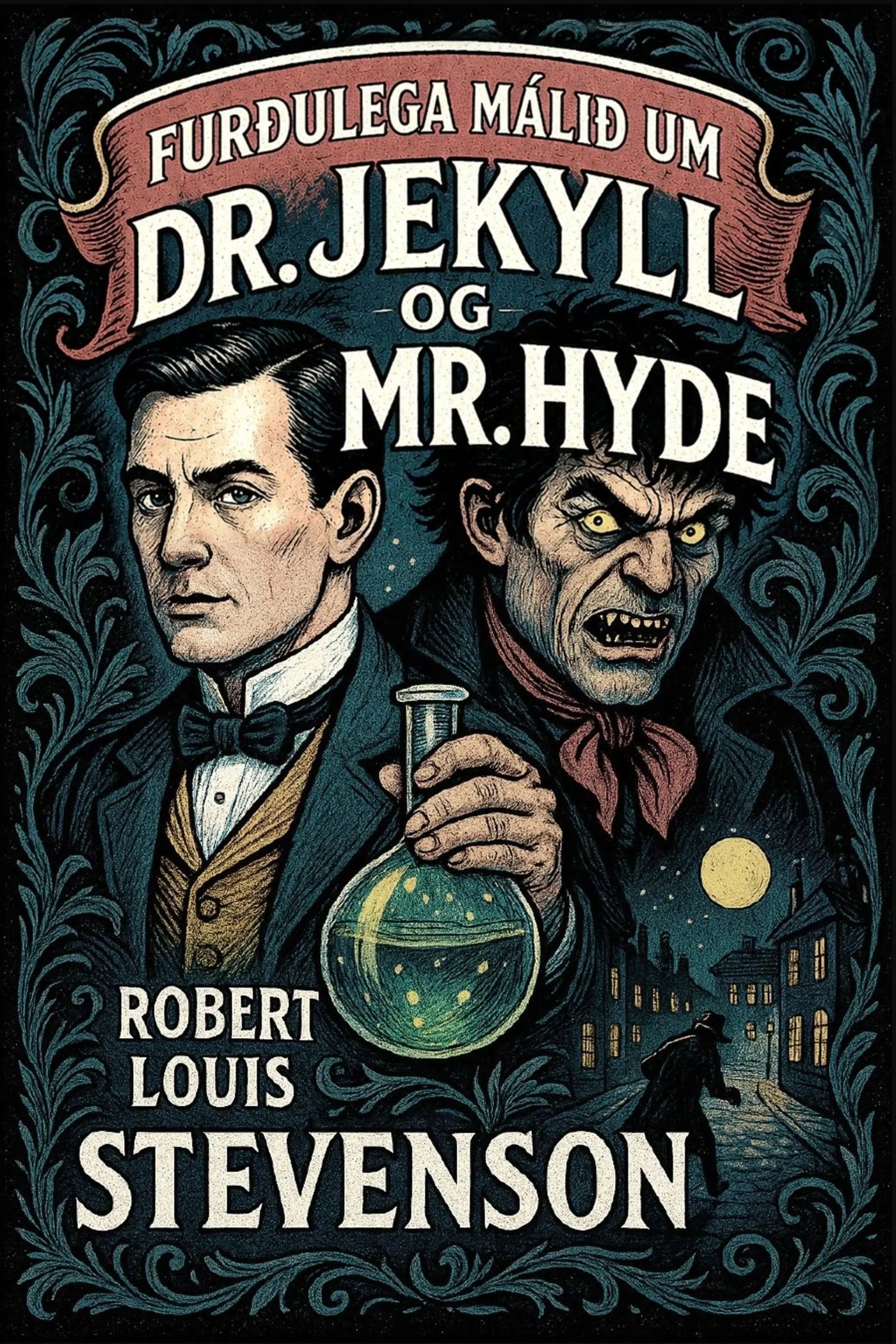 Book cover for 'Furðulega málið um Dr. Jekyll og Mr. Hyde'