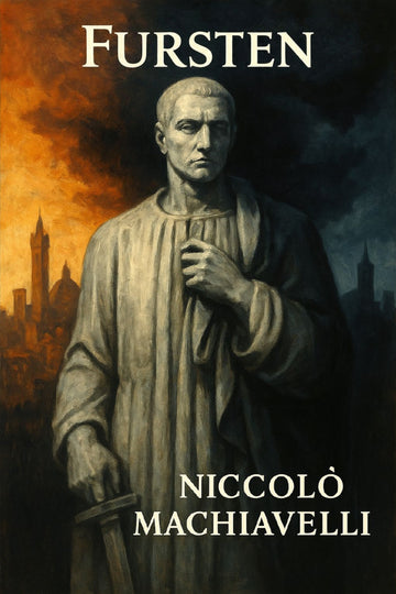 Book cover of 'Fursten' by Niccolò Machiavelli with a statue and cityscape background.