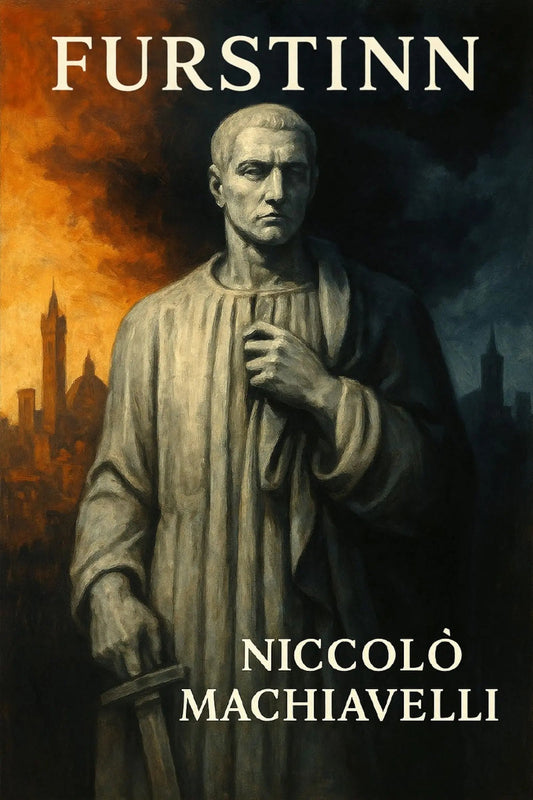 Book cover for 'Furstinn' by Nicolò Machiavelli, featuring a painted statue of a robed historical figure against a split fiery orange and dark blue sky background with city silhouettes.