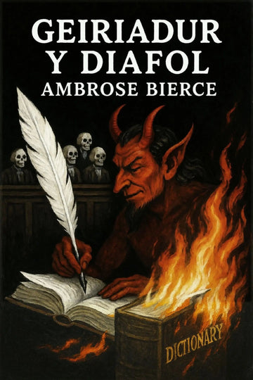Book cover for 'Geiriadur y Diafol' by Ambrose Bierce, featuring a red-skinned devil with horns writing in a dictionary with a large white feather quill, surrounded by flames and skulls against a black background.