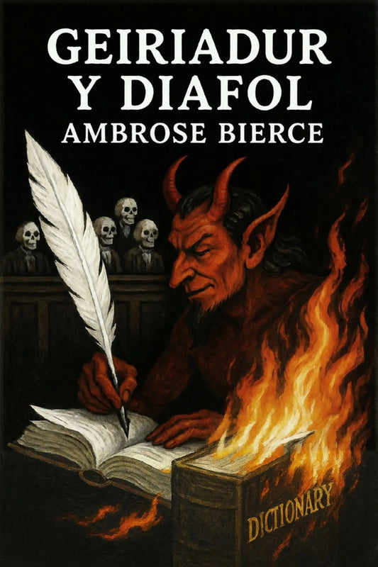 Book cover for 'Geiriadur y Diafol' by Ambrose Bierce, featuring a red-skinned devil with horns writing in a dictionary with a large white feather quill, surrounded by flames and skulls against a black background.