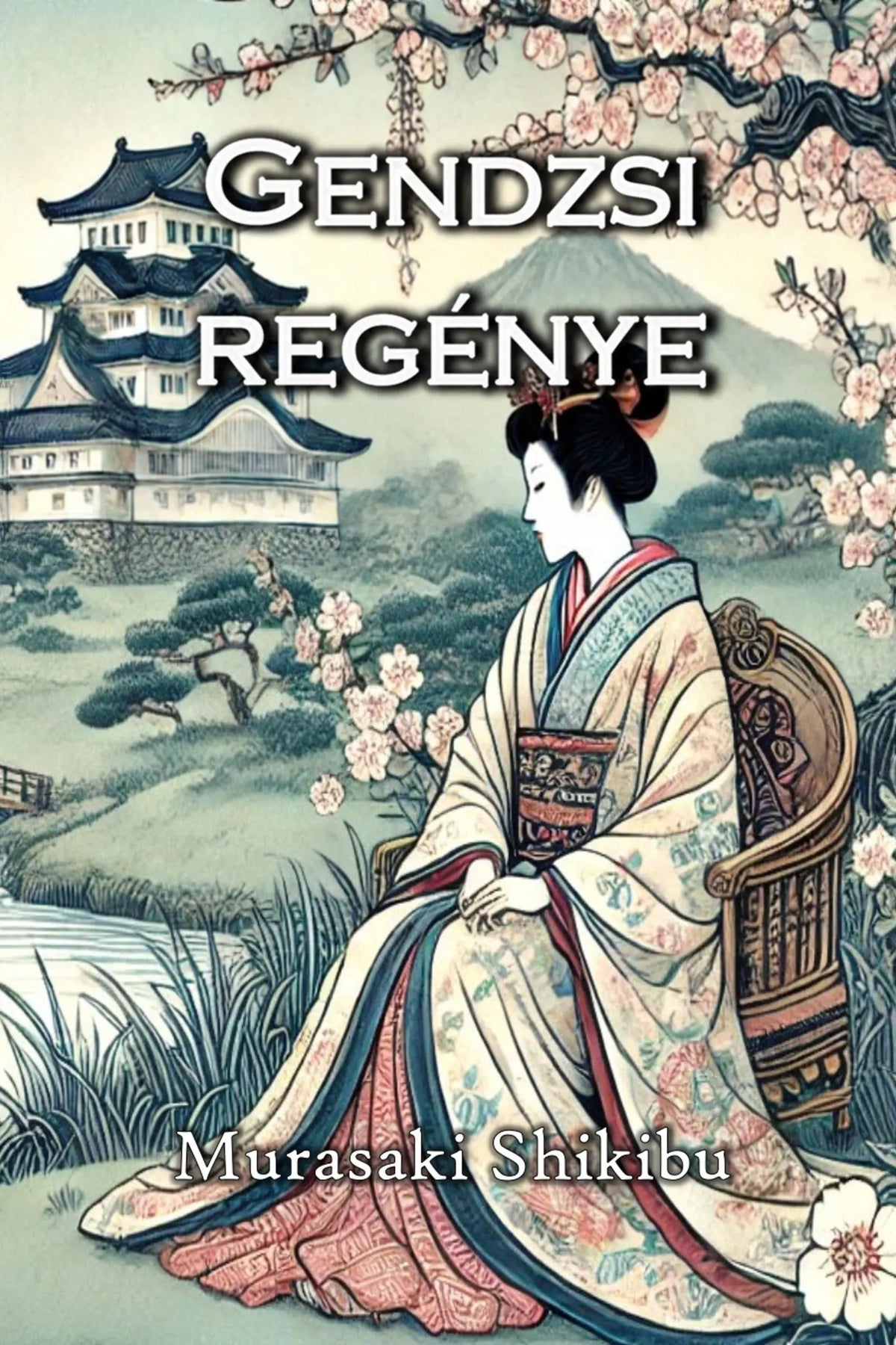 Book cover for 'Gendzsi regénye' by Murasaki Shikibu, featuring an illustrated Japanese-style scene of a woman in a kimono seated in a chair beside a castle and cherry blossoms.