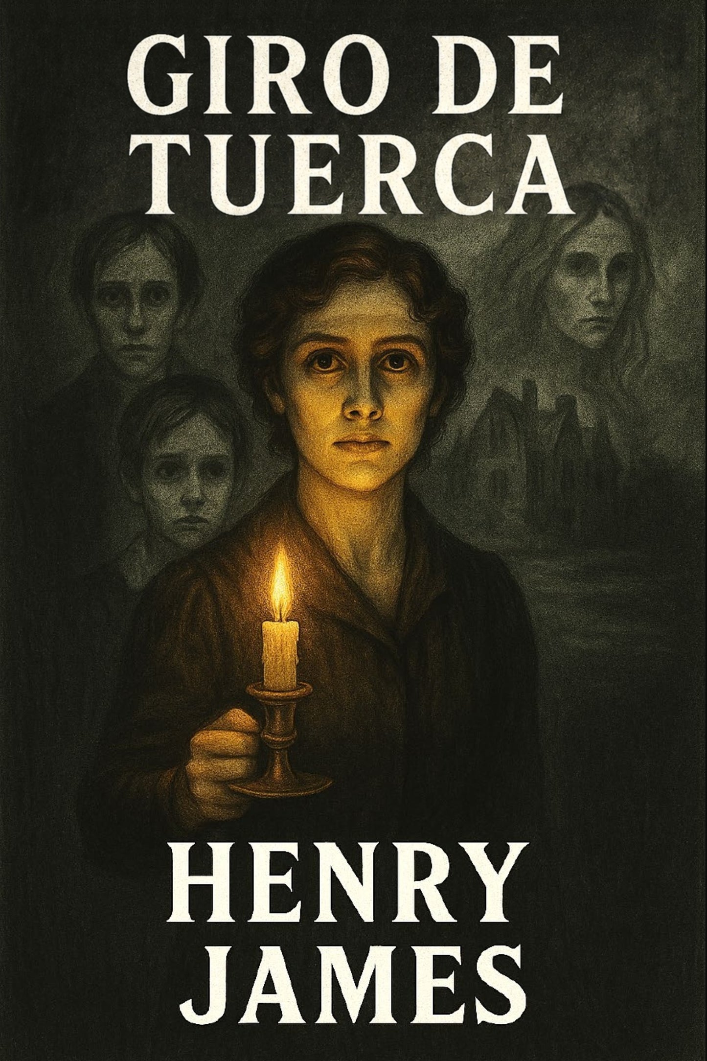 Book cover of 'Giro de tuerca' by Henry James with a dark theme and candlelight.