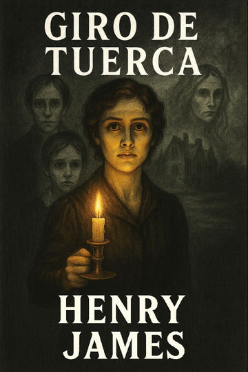 Book cover of 'Giro de tuerca' by Henry James with a dark theme and candlelight.