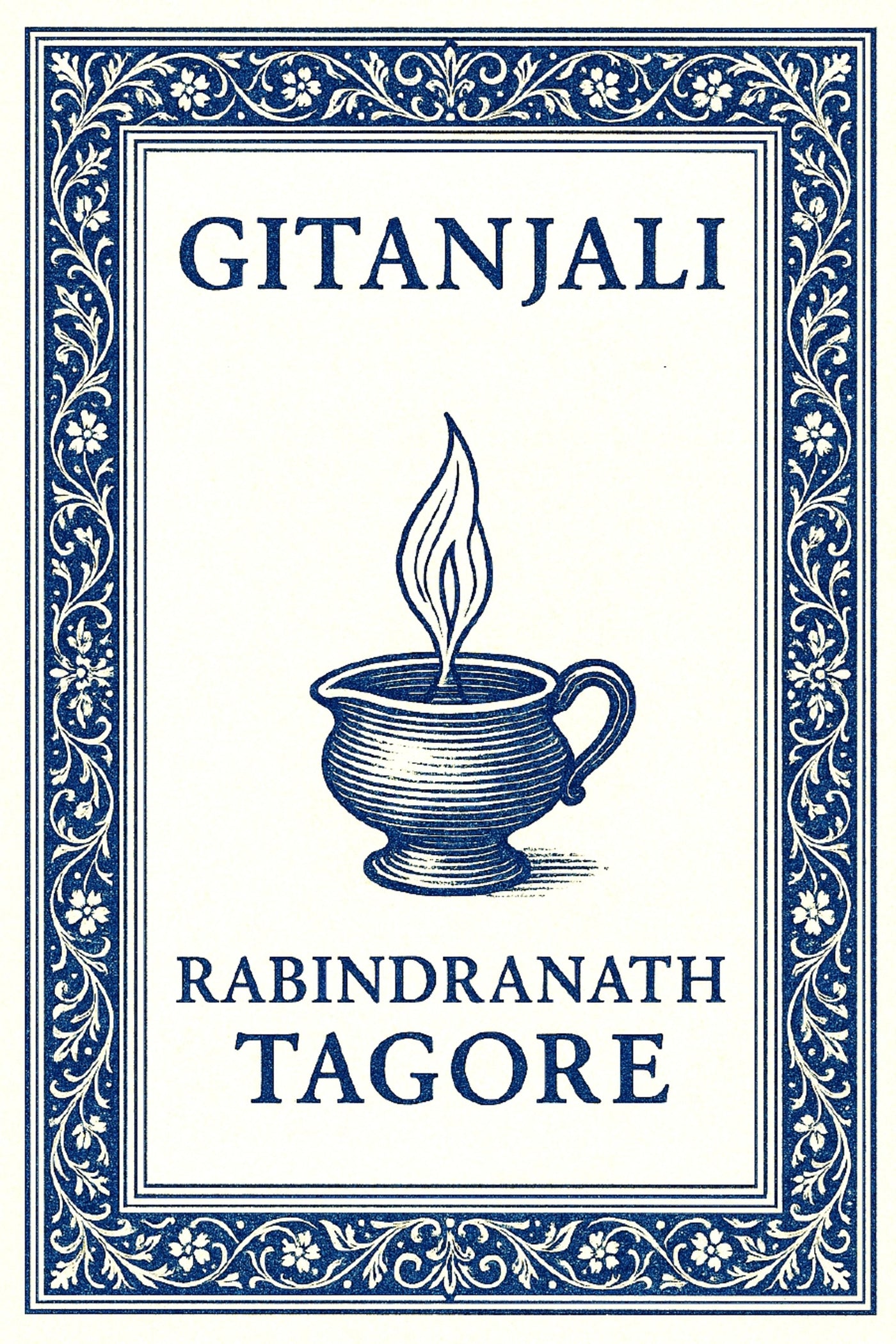 Book cover of 'Gitanjali' by Rabindranath Tagore with decorative blue border and central illustration.