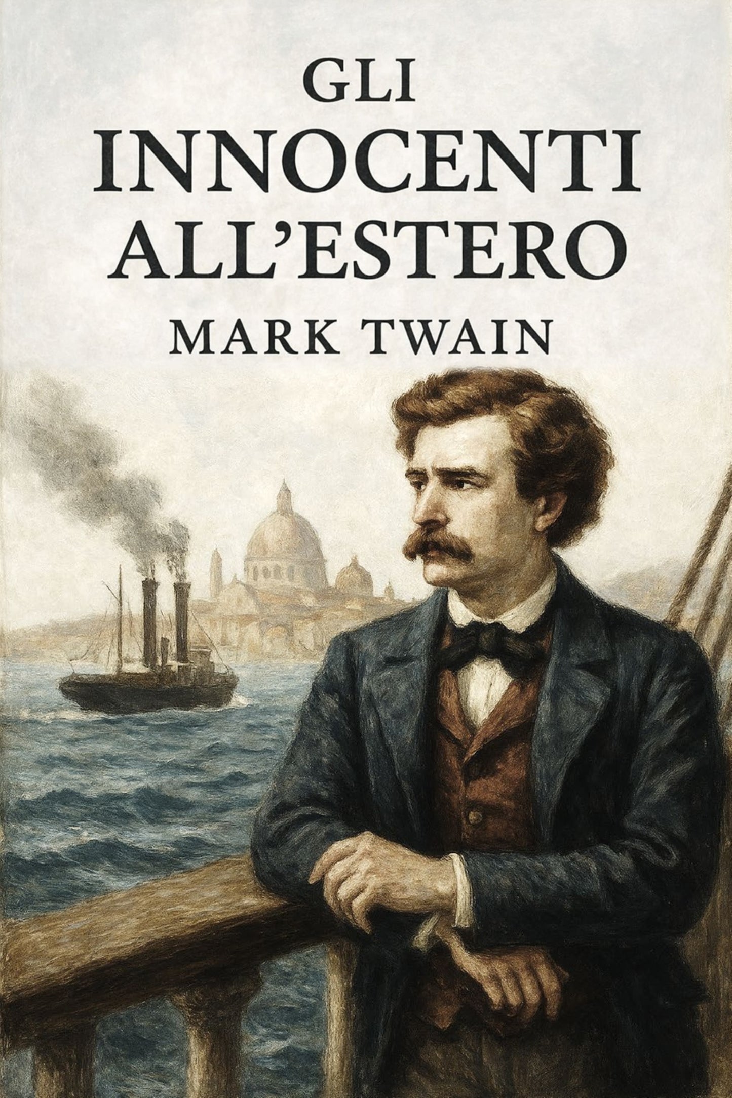 Book cover of 'Gli innocenti all’estero' by Mark Twain with a man on a boat and cityscape in the background.