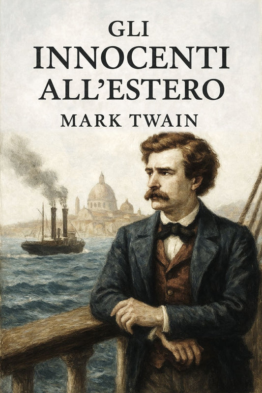 Book cover of 'Gli innocenti all’estero' by Mark Twain with a man on a boat and cityscape in the background.