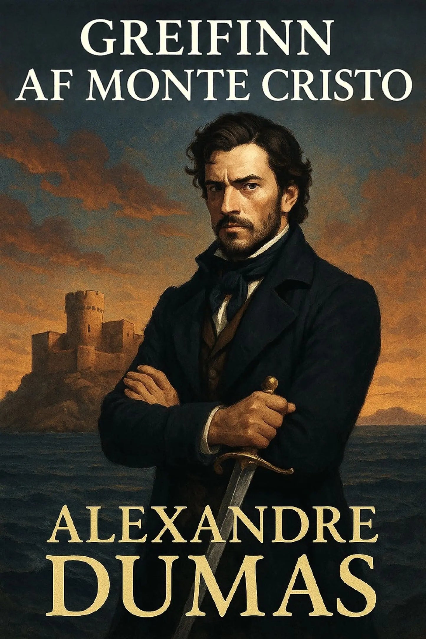 Book cover for 'Greifinn af Monte Cristo' by Alexandre Dumas, featuring a painted portrait of a man in a dark coat holding a sword, with a castle and sea in the background under a dramatic orange sky.