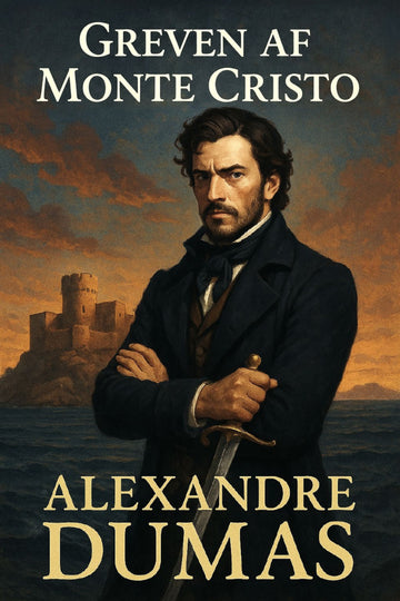 Book cover of 'Greven af Monte Cristo' by Alexandre Dumas with a man holding a sword and a castle in the background.