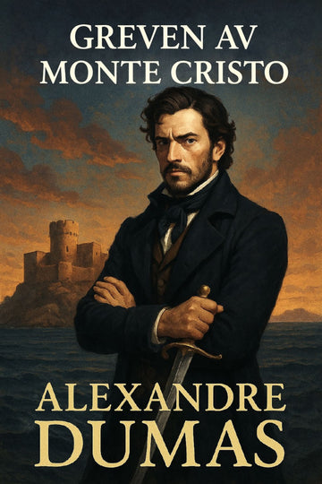 Book cover of 'Greven av Monte Cristo' by Alexandre Dumas with a man holding a sword and a castle in the background.