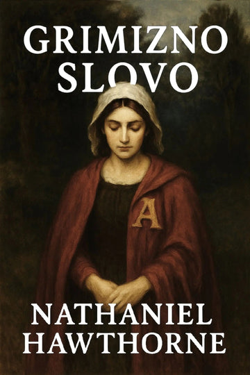Book cover for 'Grimizno slovo' by Nathaniel Hawthorne, featuring a dark classical painting of a woman in a red cloak with a gold letter 'A' on her chest, with white serif title and author text.
