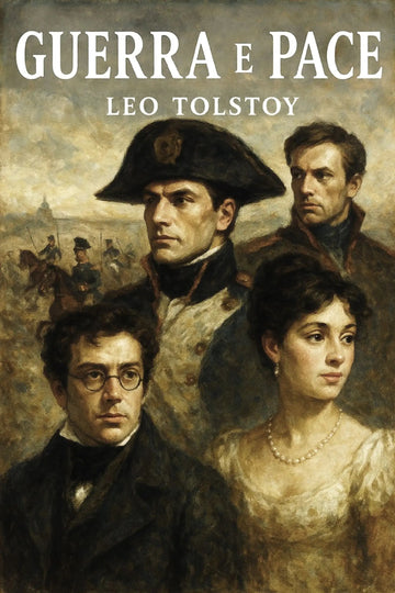 Book cover for 'Guerra e pace' by Leo Tolstoy, featuring a classical oil painting portrait of four historical figures against a sepia-toned background with the title in large white text at the top.