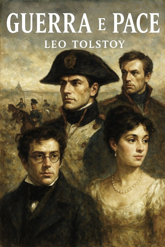 Book cover for 'Guerra e pace' by Leo Tolstoy, featuring a classical oil painting portrait of four historical figures against a sepia-toned background with the title in large white text at the top.