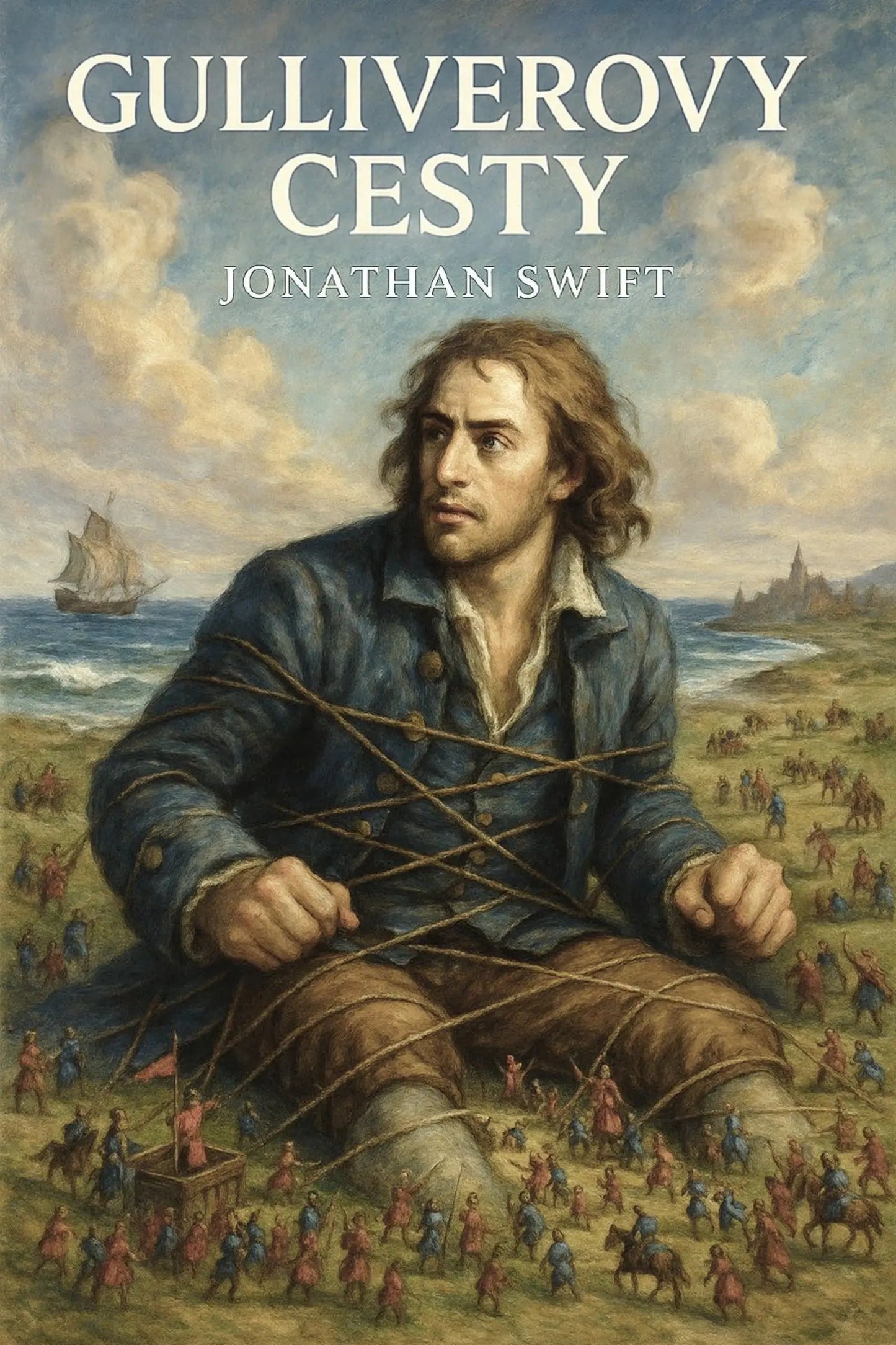 Book cover for 'Gulliverovy cesty' by Jonathan Swift, featuring an oil painting of a man in a blue coat bound on a beach with a ship and small figures in the background.