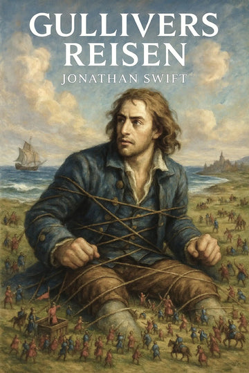 Book cover for 'Gullivers Reisen' by Jonathan Swift, featuring a painted historical scene of a large seated man bound with ropes on a beach, with ships and small figures in the background. 