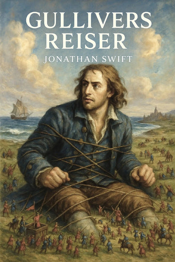Book cover of 'Gullivers reiser' by Jonathan Swift with a man sitting on a beach.