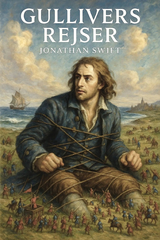 Book cover for 'Gullivers rejser' by Jonathan Swift, featuring a painted illustration of a man bound and gagged in a coastal scene with ships and small figures below.