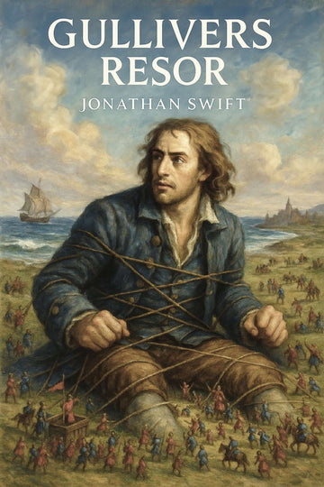 Book cover of 'Gullivers resor' by Jonathan Swift with a man sitting on a beach.