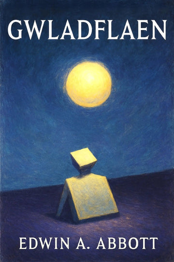 Book cover for 'Gwladflaen' by Edwin A. Abbott, featuring a stylized blue night sky with a glowing yellow moon and a small yellow geometric figure on a dark blue ground.