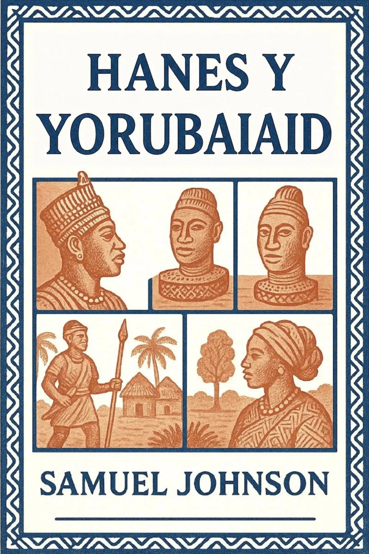 Book cover for 'Hanes y Yorubaiaid' by Samuel Johnson, featuring a cream background with a blue border and orange-brown illustrated panels showing figures, masks, a village scene, and a woman.