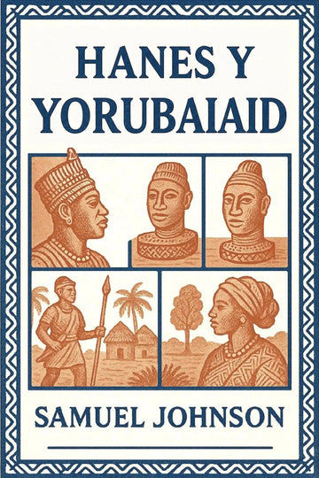 Book cover for 'Hanes y Yorubaiaid' by Samuel Johnson, featuring a cream background with a blue border and orange-brown illustrated panels showing figures, masks, a village scene, and a woman.