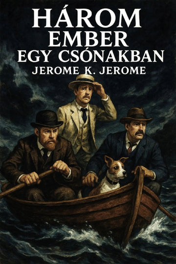 Book cover for 'Három ember egy csónakban' by Jerome K. Jerome, featuring an illustration of three men in a small rowboat with a dog on a dark, stormy sea.