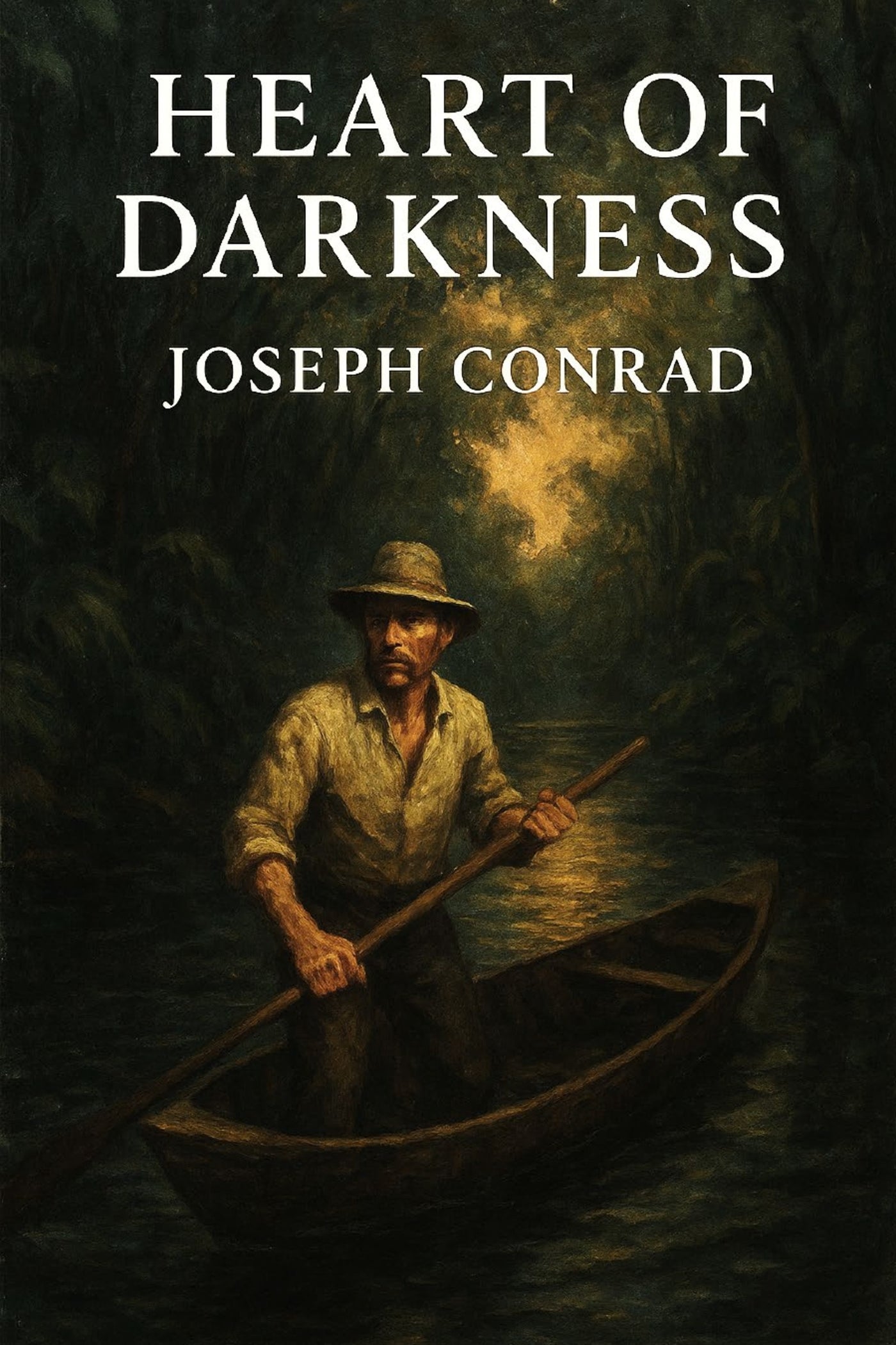 Book cover of 'Heart of Darkness' by Joseph Conrad with a man in a boat on a dark background.