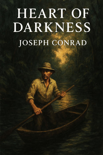 Book cover of 'Heart of Darkness' by Joseph Conrad with a man in a boat on a dark background.