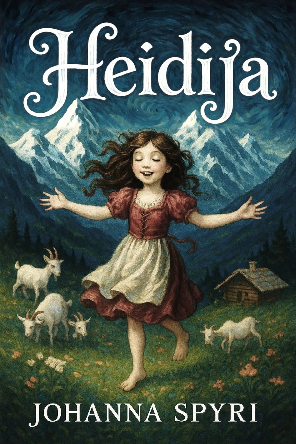 Book cover for 'Heidija' by Johanna Spyri, featuring an illustration of a young girl in a red and cream dress running through a grassy mountain meadow with goats and a small cabin under a dark blue sky.