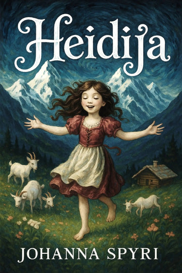 Book cover for 'Heidija' by Johanna Spyri, featuring an illustration of a young girl in a red and cream dress running through a grassy mountain meadow with goats and a small cabin under a dark blue sky.