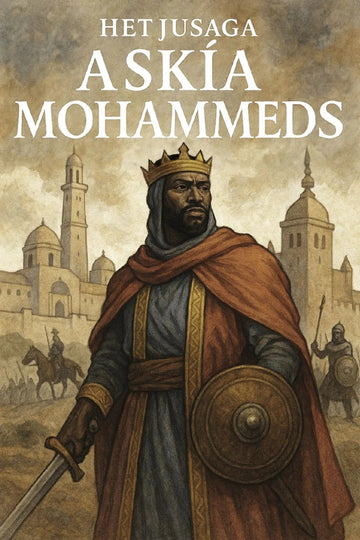 Book cover for 'Hetjusaga Askía Mohammeds' featuring an illustration of a crowned warrior in a red cloak and blue-gray robe holding a sword and shield, with a city skyline and minarets in the background.