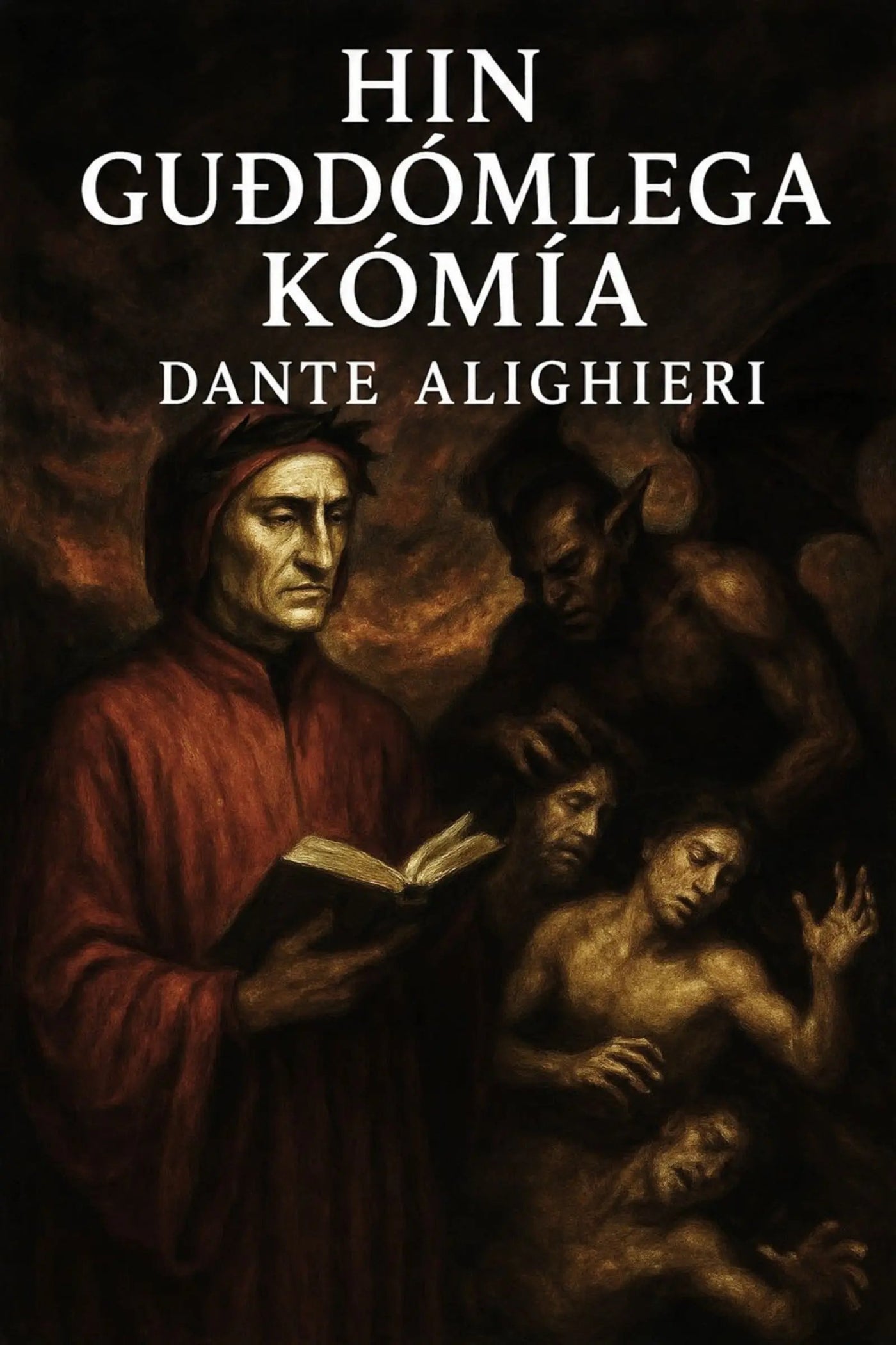 Book cover for 'Hin guðdómlega kómía' by Dante Alighieri, featuring a dark, painterly illustration of figures in a red robe holding an open book against a shadowy background.