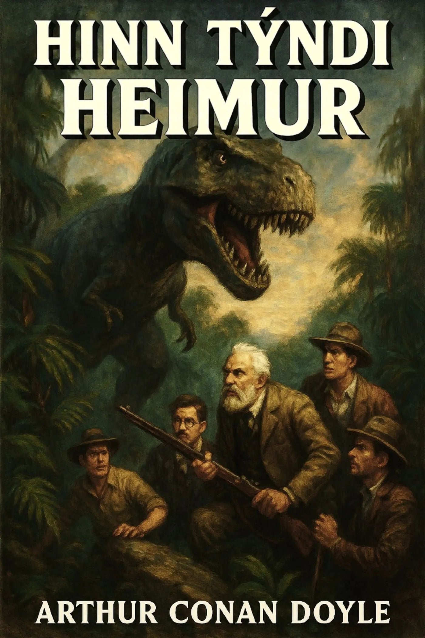 Book cover for 'Hinn týndi heimur' by Arthur Conan Doyle, featuring a dramatic illustration of a Tyrannosaurus rex in a jungle with four men below, including Sherlock Holmes.