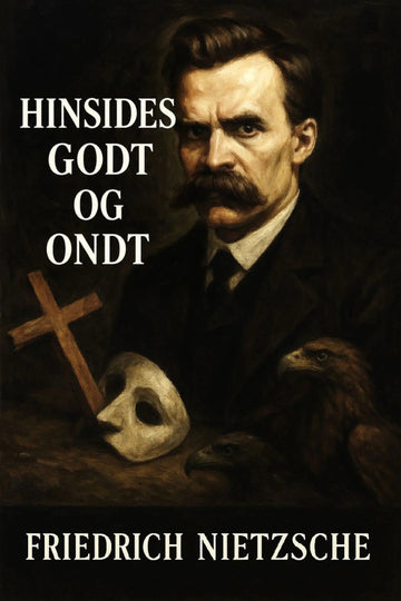 Book cover of 'Hinsides godt og ondt' by Friedrich Nietzsche with a portrait of a man with a cross, skull, and eagle.
