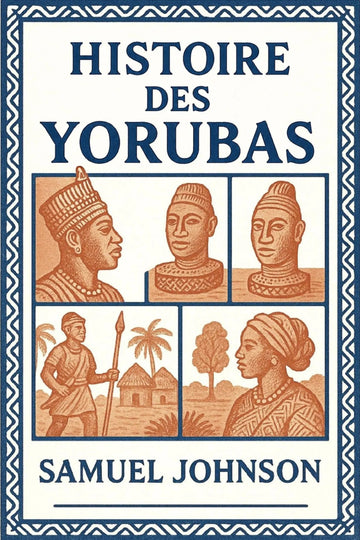 Book cover for 'Histoire des Yorubas' by Samuel Johnson, featuring a cream background with a blue border and orange-brown illustrated panels showing Yoruba figures and a village scene.
