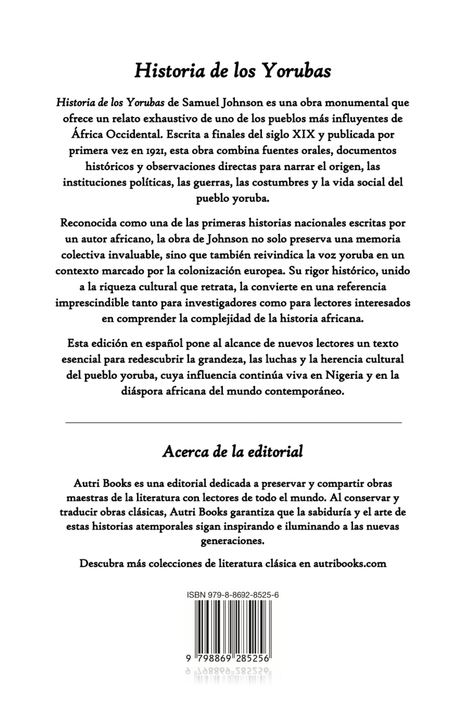 Back cover of Historia de los Yorubas in spanish with a white background and black text