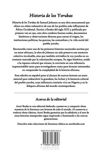 Back cover of Historia de los Yorubas in spanish with a white background and black text