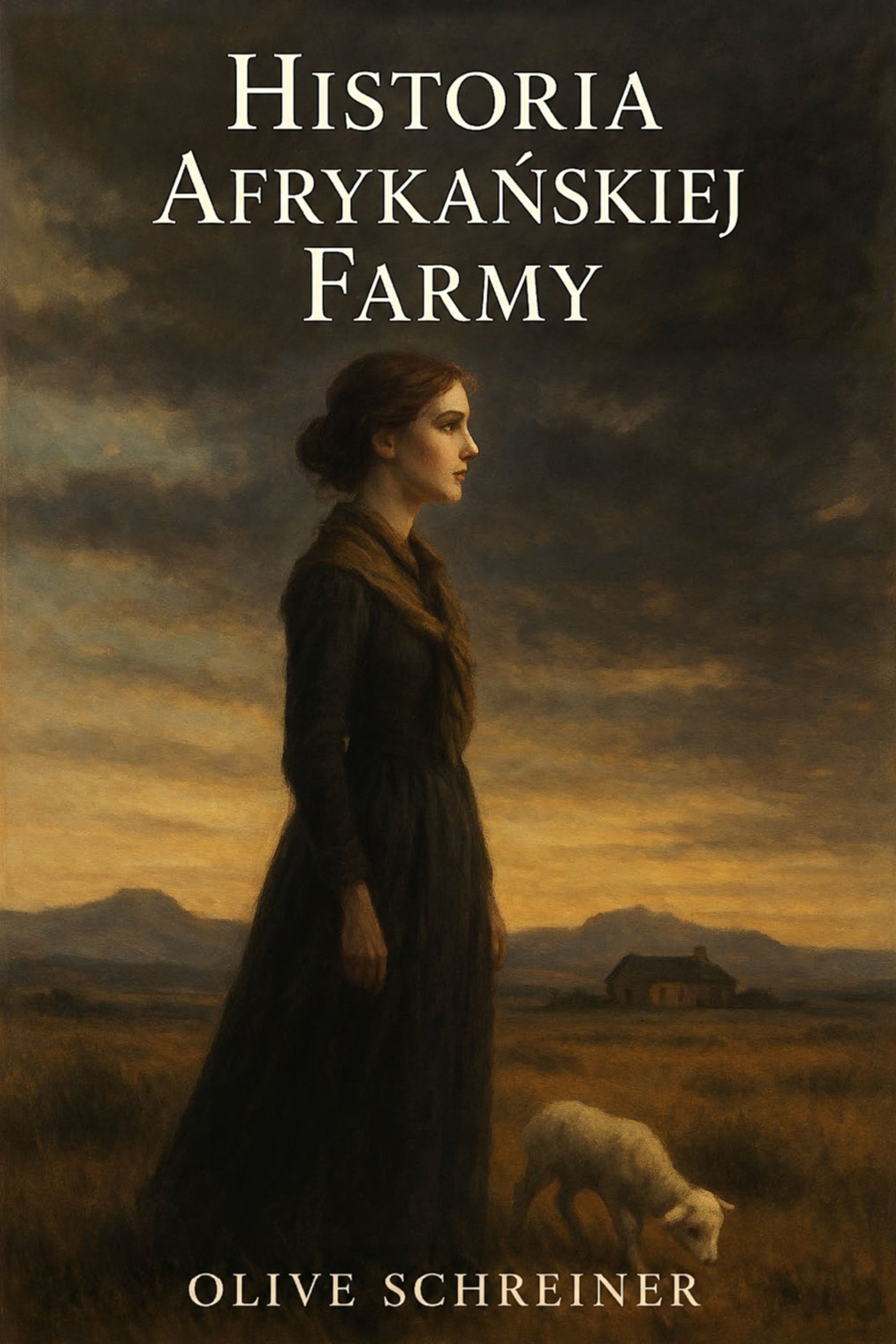 Book cover of 'Historia afrykańskiej farmy' by Olive Schreiner with a woman in a dress standing in a field.