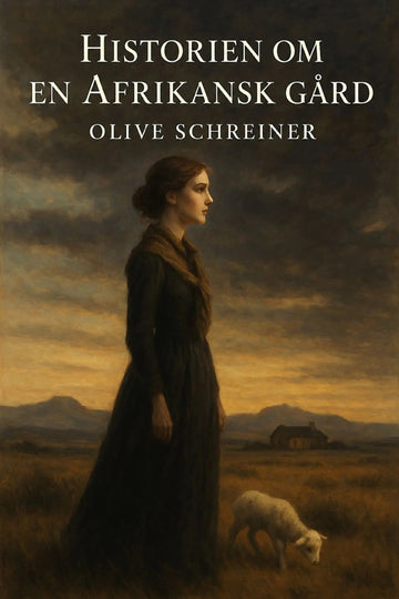 Book cover of 'Historien om en afrikansk gård' by Olive Schreiner with a woman and sheep in a landscape.