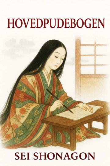 Book cover of 'Hovedpudebogen' by Sei Shonagon featuring a woman in traditional attire writing.
