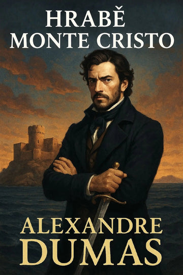 Book cover for 'Hrabě Monte Cristo' by Alexandre Dumas, featuring a painted portrait of a man in a dark coat holding a sword, with a castle and sea in the background.