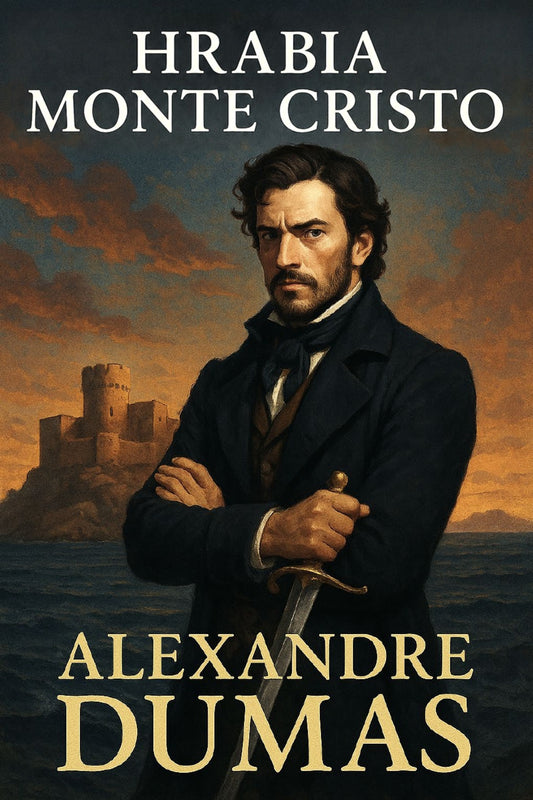 Book cover of 'Hrabia Monte Cristo' by Alexandre Dumas with a man holding a sword and a castle in the background.