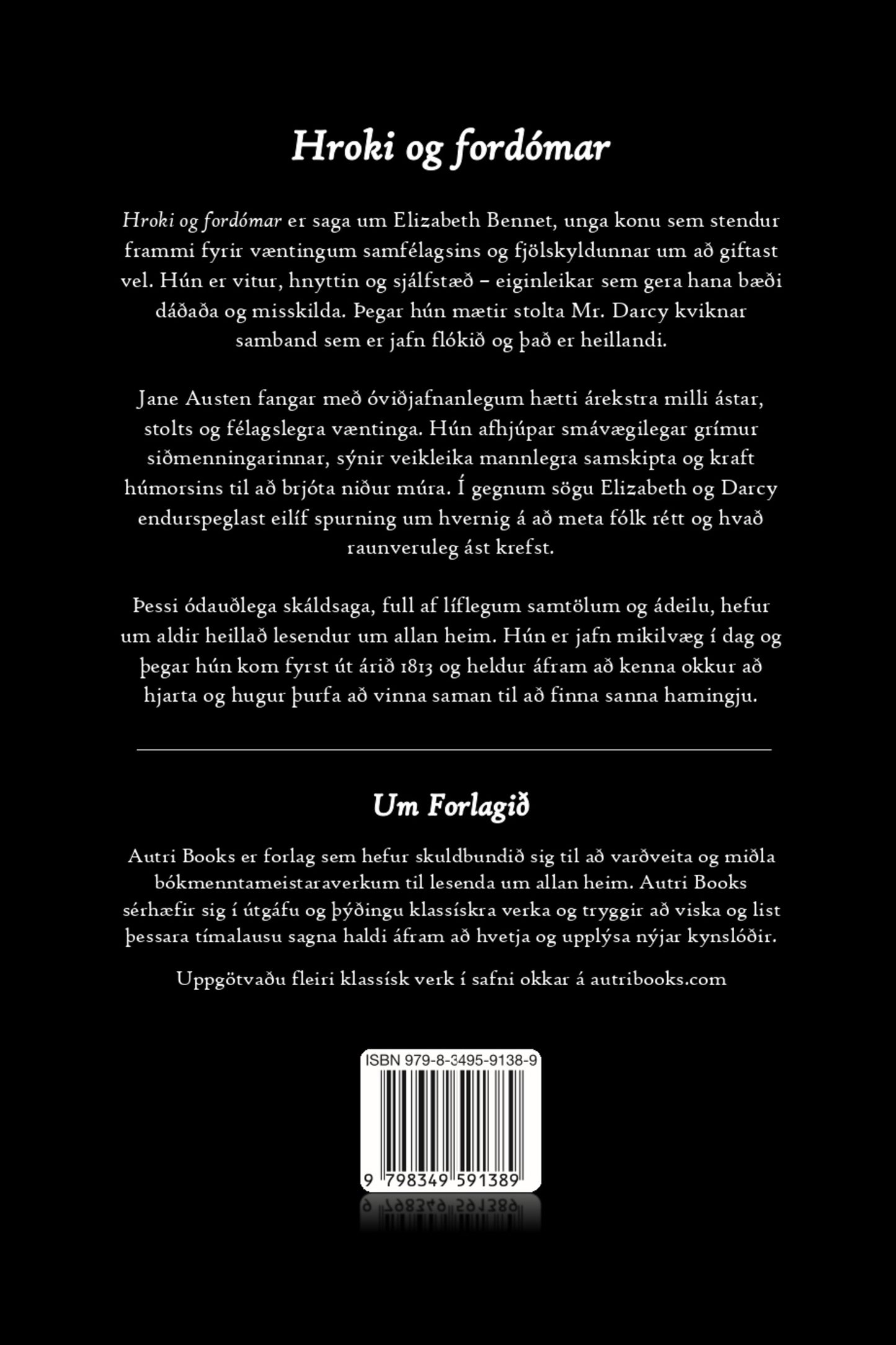 Back cover of a book with text in Icelandic