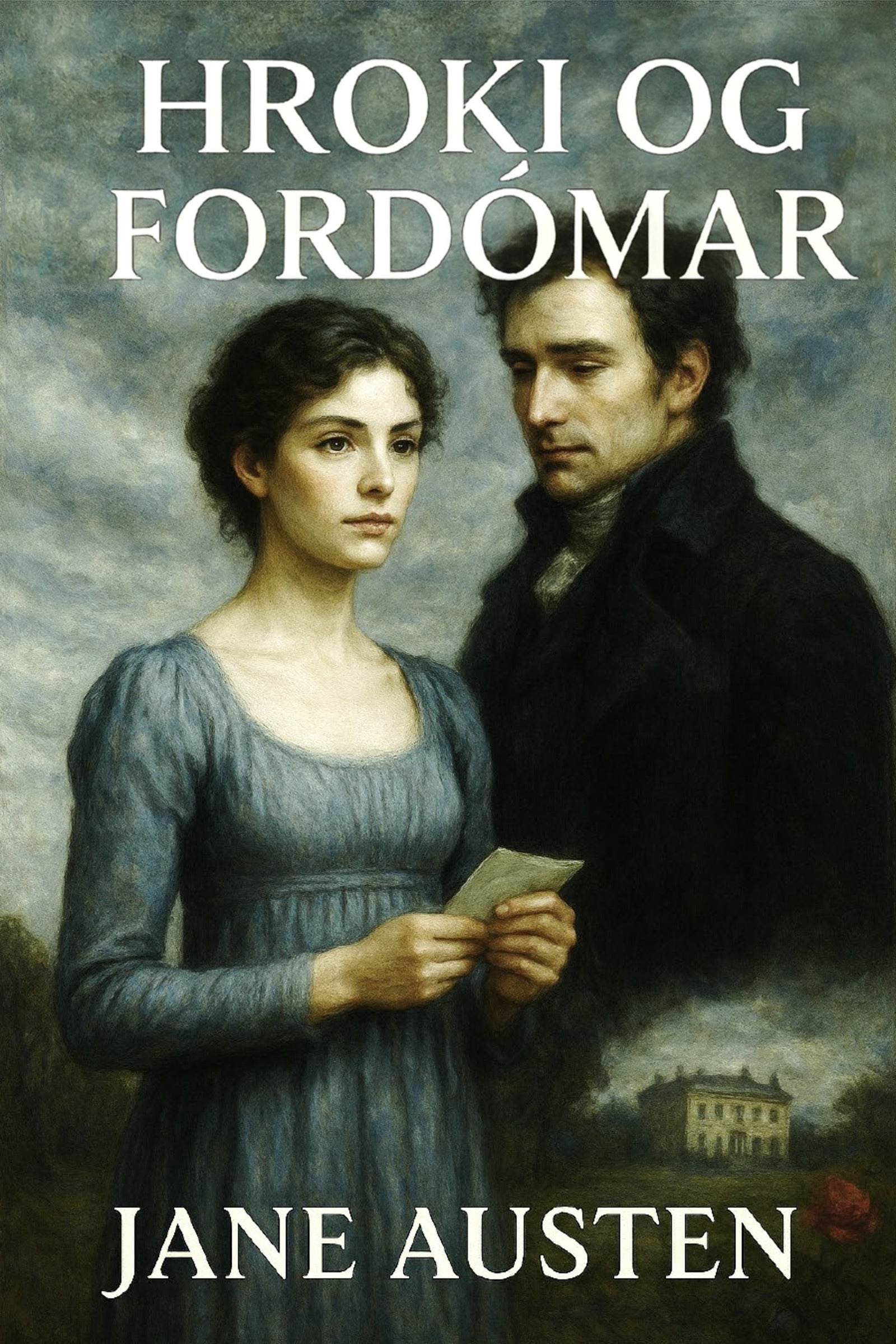 Book cover of 'Hroki og Fordömar' by Jane Austen featuring a man and woman in a historical setting.