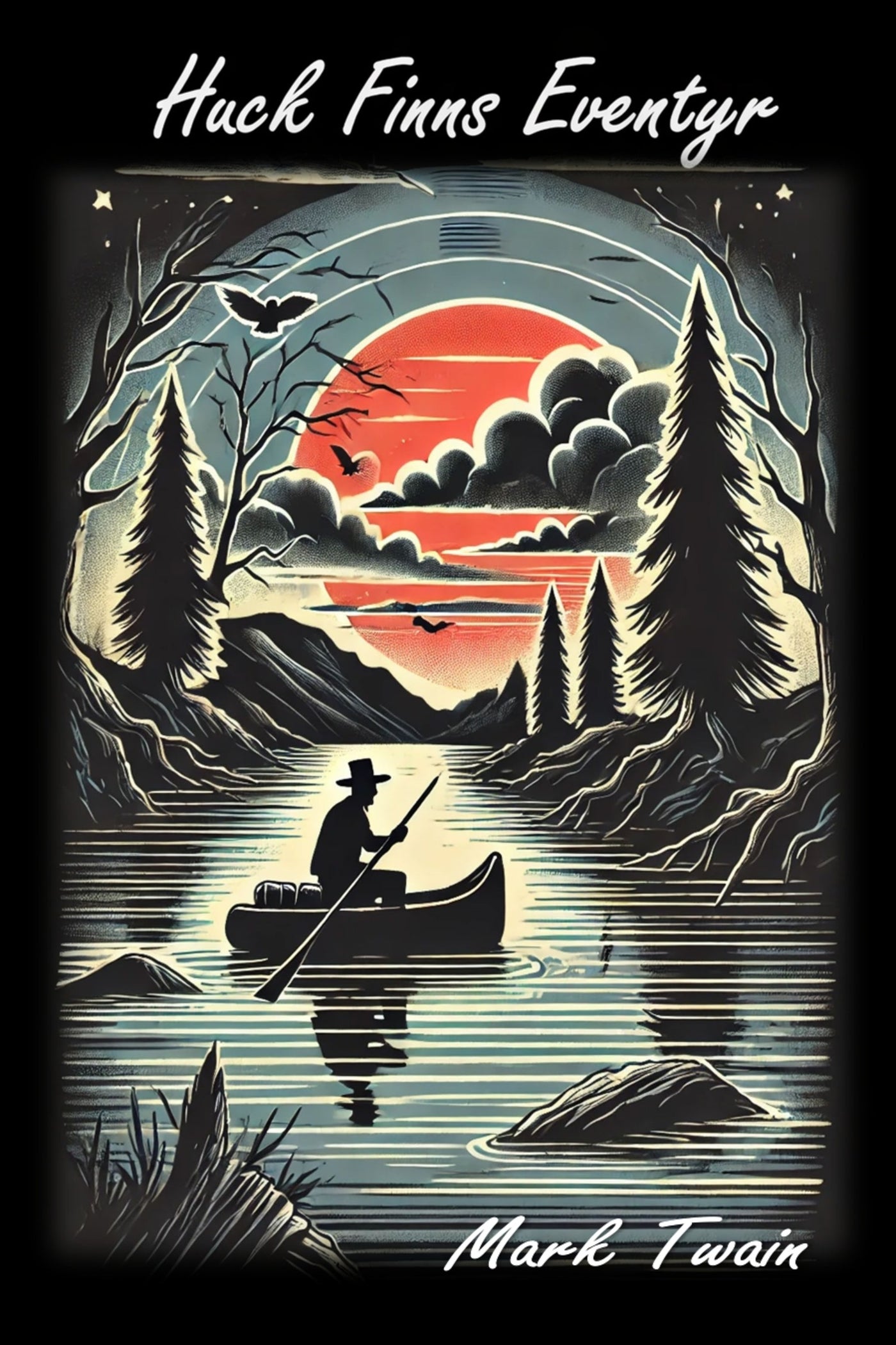Book cover illustration of 'Huck Finns Eventyr' by Mark Twain.