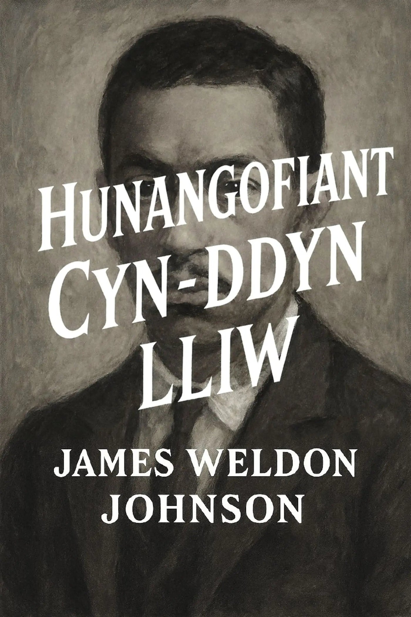 Book cover for 'Hunangofiant cyn-ddyn lliw' by James Weldon Johnson, featuring a sepia-toned portrait of a man with large white title text overlaid across the center.