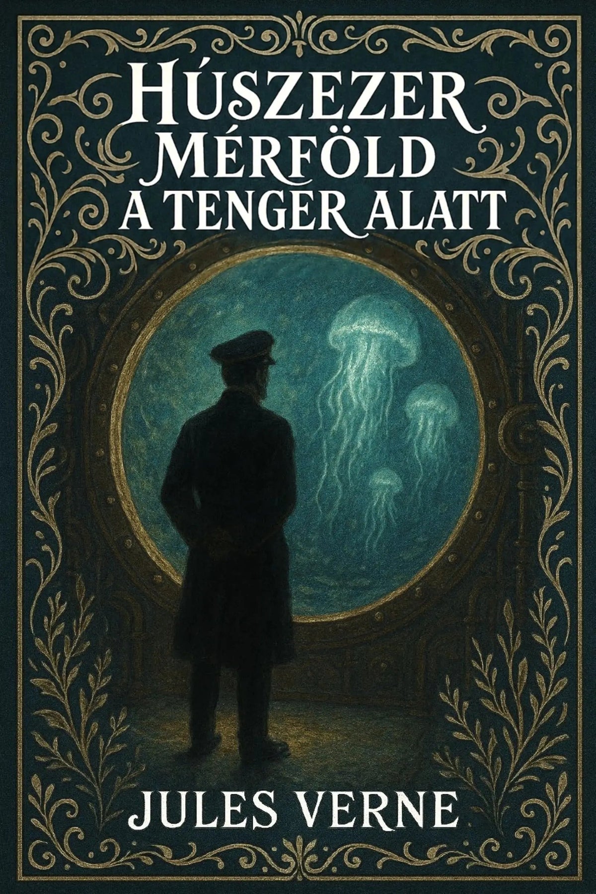Book cover for 'Húszezer mérföld a tenger alatt' by Jules Verne, featuring a dark silhouette of a man looking out of a porthole at glowing jellyfish in deep blue-green water, framed by ornate gold detailing.